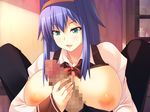  1boy 1girl aqua_eyes blue_hair breasts breasts_outside censored cg framed_breasts game_cg hair_intakes handjob huge_breasts indoors long_hair nakade_shi_oni_-_mujintou_de_okashi_ai nipples penis penis_awe school_uniform smile tsurime 