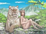  animal_ears bad_id bad_pixiv_id barefoot breasts brown_hair copyright_request feet long_hair mamedanuki medium_breasts mountain nature nipples nude sitting smile solo tiger tiger_ears 