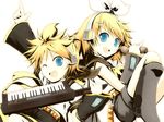  1boy 1girl aqua_eyes arm_warmers blonde_hair bow boy boy_and_girl brother_and_sister female girl hair_bow headset instrument kagamine_len kagamine_rin keyboard keyboard_(instrument) knee knees leg_warmers male microphone musical_instrument necktie open_mouth pointing school_uniform serafuku short_hair shorts siblings twins vocaloid wink 