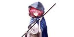  alternate_costume banpai_akira hair_bobbles hair_ornament holding hood koumajou_densetsu koumajou_densetsu_2 onozuka_komachi red_eyes red_hair short_hair simple_background smile solo touhou 