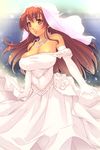  bare_shoulders breasts bridal_veil brown_eyes brown_hair cleavage dead_or_alive dress elbow_gloves gloves highres jewelry kasumi_(doa) large_breasts lips long_hair necklace pearl pearl_necklace solo veil wedding_dress yoko_juusuke 