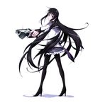  aiming akemi_homura argyle argyle_legwear azmodan bad_id bad_pixiv_id black_hair black_legwear desert_eagle foreshortening from_behind full_body gun hairband handgun high_heels highres long_hair looking_back magical_girl mahou_shoujo_madoka_magica outstretched_arm pantyhose pistol pleated_skirt purple_eyes ribbon shoes simple_background skirt solo standing tears very_long_hair weapon 