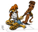  cat chest_tuft clothing cub duo feline female fur kneeling male mammal midriff pilot_(artist) plain_background shorts tail_pull tiger tuft unimpressed white_background young 