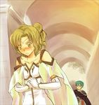  aqua_eyes aqua_hair armor blush cape circlet column corridor couple dress elbow_gloves ephraim fire_emblem fire_emblem:_seima_no_kouseki fire_emblem_sacred_stones gloves green_eyes green_hair hands_together l&#039;arachel l'arachel lowres pillar ponytail prince princess short_hair shy sweat 