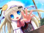  blonde blue_eyes blush buttons cape fang hat large_buttons little_busters! long_hair noumi_kudryavka plaid_skirt reaching ribbon school_uniform silver_hair skirt smile tagme tartan 