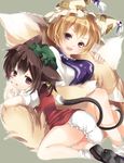  animal_ears bad_id bad_pixiv_id blonde_hair bloomers brown_eyes brown_hair cat_ears cat_tail chen earrings emia_(castilla) fang fox_tail hat jewelry multiple_girls multiple_tails short_hair tail tail_hug touhou underwear yakumo_ran 