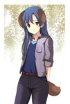  animal_ears arms_behind_back belt blue_hair brown_eyes dog_ears idolmaster idolmaster_(classic) kemonomimi_mode kisaragi_chihaya long_hair md5_mismatch onion_(lemlaml) open_mouth pants sleeves_rolled_up solo tail 
