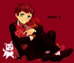  bad_id bad_pixiv_id blue_eyes dog flower formal full_body gado-boa jr. loafers male_focus purple_eyes red_hair shoes simple_background smile solo suit xenosaga 