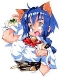  animal_ears atorasu bad_id bad_pixiv_id banned_artist bell blue_eyes blue_hair bow breasts cat_ears corset covered_nipples creature extra_ears fang fuujin_(hyper_police) hyper_police jingle_bell large_breasts open_mouth raijin_(hyper_police) sasahara_natsuki_(hyper_police) shirt signature simple_background smile taut_clothes taut_shirt traditional_media upper_body wrist_cuffs 
