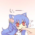  :3 animal_ears biting blue_hair blush cat_ears chibi dress food fruit hair_ornament hands hazuki_ruu heart hinanawi_tenshi kemonomimi_mode long_hair lowres minigirl no_hat no_headwear peach red_eyes solo touhou v-shaped_eyebrows white_dress 