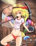  alternate_costume blonde_hair bomb buruma collarbone creeper crossover flandre_scarlet groin gym_uniform hips light_smile map minecraft mining_helmet molten_rock navel over_shoulder pickaxe red_eyes shirt short_hair side_ponytail skull solo sumapan sword terraria torch touhou translated treasure_chest tunnel underground weapon wings 