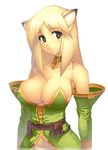  animal_ears bare_shoulders blonde_hair blush body_blush breasts choker cleavage covered_nipples fantasy_earth_zero fox_ears green_eyes huge_breasts looking_at_viewer simple_background smile solo underboob white_background yn_red 