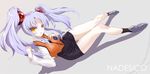  hair_bobbles hair_ornament highres hoshino_ruri kidou_senkan_nadesico lavender_hair long_hair lying necktie pencil_skirt purple_hair sawa_(sawa-house) shoes sitting skirt solo twintails uniform vest white_hair yellow_eyes 