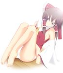  barefoot blush bow breasts brown_eyes brown_hair detached_sleeves feet firecharmer floor full_body hair_bow hakurei_reimu legs medium_breasts murakami_(eito) no_pants panties short_hair sideboob simple_background sitting solo touhou underwear 