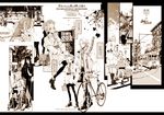  6+girls balloon bicycle bow braid doujinshi endou_okito glasses ground_vehicle letterboxed long_hair monochrome multiple_boys multiple_girls necktie original pantyhose sepia short_hair translation_request wheelchair 