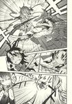  akakage_red asymmetrical_wings battle bow comic detached_sleeves greyscale hair_bow hair_ornament hakurei_reimu highres houjuu_nue monochrome multiple_girls smile thighhighs touhou translated wings 
