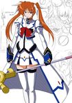  bow colorized cool_your_head fingerless_gloves fue_(rhomphair) gloves lyrical_nanoha magazine_(weapon) magical_girl mahou_shoujo_lyrical_nanoha_strikers purple_eyes raising_heart red_bow red_hair sketch solo takamachi_nanoha thighhighs translated twintails waist_cape white_devil 