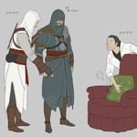  altair_ibn_la-ahad assassin's_creed:_revelations assassin's_creed_(series) assassin's_creed_ii desmond_miles ezio_auditore_da_firenze gb_(doubleleaf) gloves hood male_focus multiple_boys time_paradox translated vambraces 