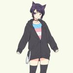  animal_ears black_hair black_hoodie cat_ears choker ear_piercing earrings extra_ears jewelry nail_polish pas&#039;_black-haired_catperson pas_(paxiti) piercing purple_eyes tagme thighhighs transgender_flag trap unfinished 