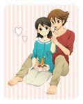  1girl barefoot brown_hair cardigan checkerboard_cookie cookie dress eating feet food green_eyes green_hair ichinose_kazuya inazuma_eleven inazuma_eleven_(series) inazuma_eleven_go jewelry kino_aki necklace pote_(noah7200) short_hair sitting smile 