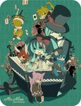  4girls alice_in_wonderland aqua_eyes aqua_hair blonde_hair book bow brown_eyes brown_hair card chibi falling_card genderswap genderswap_(ftm) grin hair_bow hat hatsune_miku hatsune_mikuo highres kagamine_len kagamine_rin kaito megurine_luka meiko multiple_boys multiple_girls najo necktie open_mouth pink_eyes pink_hair sitting sitting_on_lap sitting_on_person smile top_hat vocaloid yellow_eyes 