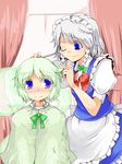  blue_eyes blush cutting_hair face frown green_hair hairdressing izayoi_sakuya kanoe_soushi konpaku_youmu multiple_girls one_eye_closed scissors severed_hair short_hair silver_hair smile touhou 