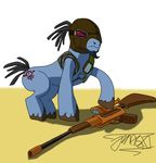  crossover equine eyewear goggles gun hood horse male mammal mordecai mordecia my_little_pony parody plain_background pony ranged_weapon solo unknown_artist weapon white_background 