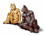  ^69 anthro blush canine cat cigar duo eyes_closed feline male mammal muscles nude penis plain_background sitting smile smoking white_background 