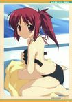  absurdres barefoot bikini blush breast_hold breasts covering covering_breasts frown highres long_hair looking_at_viewer original ponytail pool poolside red_eyes red_hair scan shikei sitting solo swimsuit towel untied untied_bikini wardrobe_malfunction wariza 