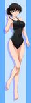  absurdres amagami barefoot black_eyes black_hair breasts competition_swimsuit covered_nipples highres large_breasts legs long_legs lying nanashi_noiji one-piece_swimsuit solo swimsuit tsukahara_hibiki 