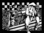  border checkered chotto flandre_scarlet flower gears greyscale hat monochrome short_hair side_ponytail smile solo touhou traditional_media wings 