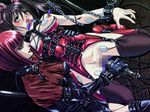  2girls ahegao bdsm bondage censored chain choker collar electrocution electrodes fism machine nipple_clamps 