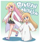  blonde_hair blue_eyes copyright_name crossover full_body highres ki_(adotadot) labcoat long_hair multiple_girls necktie nichijou pani_poni_dash! professor_shinonome rebecca_miyamoto shoes skirt uwabaki 