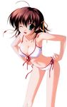  ;d adjusting_clothes adjusting_swimsuit ahoge bent_over bikini blue_eyes breasts brown_hair cleavage ef front-tie_bikini front-tie_top green_eyes hair_ribbon highres large_breasts looking_at_viewer miyamura_miyako nanao_naru non-web_source one_eye_closed open_mouth ribbon side-tie_bikini simple_background smile solo swimsuit white_background white_bikini 