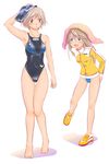  arena_(company) bad_id bad_pixiv_id blue_eyes brown_hair competition_swimsuit ellesse goggles green_eyes jacket long_hair multiple_girls no_socks one-piece_swimsuit original shoes shoko_(moccom) short_hair swim_cap swimsuit thigh_gap towel towel_on_head 