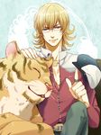  ^_^ animal bad_id bad_pixiv_id barnaby_brooks_jr belt blonde_hair cabbie_hat cat closed_eyes glasses green_eyes hat jacket jewelry lovecom male_focus petting red_jacket ring smile solo studded_belt tiger tiger_&amp;_bunny 
