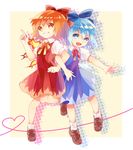  achi_cirno alternate_color alternate_element bad_id bad_pixiv_id blue21 blue_eyes blue_hair bow cirno dress dual_persona fiery_wings fire hair_bow multiple_girls red_eyes red_hair short_hair touhou wings 