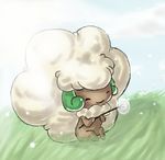  ^_^ blush closed_eyes daffodil dark_skin eyes_closed flower grass happy no_humans pokemon whimsicott wind 