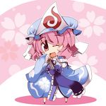  blue_dress blush chibi dress fan hat long_sleeves one_eye_closed open_mouth pink_eyes pink_hair ribbon saigyouji_yuyuko shirogane_(platinum) short_hair smile solo touhou 