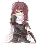  adjusting_eyewear ao_oni bad_id bad_pixiv_id braid brown_eyes brown_hair business_suit chibi cosplay emia_(castilla) formal glasses hand_on_own_face hiroshi_(ao_oni) knife madotsuki scarf solo suit twin_braids younger yume_nikki 