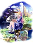  alice_(wonderland) alice_in_wonderland animal_ears blonde_hair book bow building bunny dragon dress green_eyes holding long_hair mary_janes mecha mochizuki_saku pocket_watch ruins shoes sitting skyscraper solo watch 