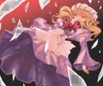  apron blonde_hair bow bowtie brown_eyes dress dutch_angle expressionless frills from_below hase_nanase hat long_sleeves maribel_hearn mob_cap purple_dress red_bow red_neckwear short_hair solo standing touhou waist_apron 