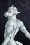  anthro back back_turned blue_eyes butt canine fur hair looking_at_viewer looking_back male mammal muscles nipples nude pose smile solo standing tail white white_fur white_hair wolf 