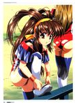  90s absurdres ass battle_athletes brown_eyes brown_hair hairband highres kanzaki_akari kawarajima_kou leotard long_hair multiple_girls red_leotard ribbon solo_focus thighhighs 