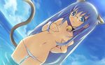  animal_ears artist_request bell bell_collar bikini blue_eyes blue_hair cat_ears cloud collar covering covering_breasts covering_nipples day flat_chest glasses highres long_hair lowleg lowleg_bikini magical_antique rian_(magical_antique) sky solo striped striped_bikini swimsuit topless very_long_hair wallpaper water wet widescreen 