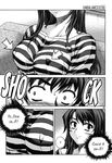  1girl ? blush breasts comic covered_nipples directional_arrow greyscale hae-young_na hard_translated impossible_clothes impossible_shirt large_breasts looking_at_breasts monochrome non-web_source shirt smile soo-hyon_lee striped translated unbalance_unbalance 