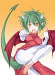  blush china_dress chinese_clothes draco_centauros dragon_girl dragon_horns dragon_tail dragon_wings dress elbow_gloves fang gloves green_hair highres horns kuronyan madou_monogatari monster_girl open_mouth orange_eyes pointy_ears puyopuyo red_wings short_hair solo tail tail_raised thighs wings 