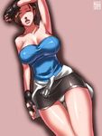  bare_shoulders breasts brown_hair cleavage female gradient gradient_background jill_valentine panties resident_evil resident_evil_3 sawao short_hair solo strapless thigh_gap thighs tubetop underwear 