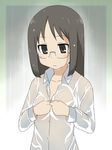  black_eyes black_hair collarbone glasses ikari_manatsu minakami_mai nichijou rain school_uniform solo tokisadame_school_uniform undressing upper_body wet wet_clothes wet_hair 