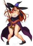  bare_shoulders bobobo bouncing_breasts breast_slip breasts brown_hair detached_sleeves dragon's_crown dress finger_in_mouth hat huge_breasts long_hair masturbation nipples plump pubic_hair pussy_juice solo sorceress_(dragon's_crown) staff strapless strapless_dress witch_hat 